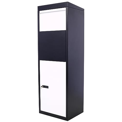 Anti Theft Steel Package Delivery Drop Boxes for Outside, Parcel Drop Box with Code Lock Hardware Storage Compartment Heavy Duty Weatherproof for Porch Home Business Black & White (14.0