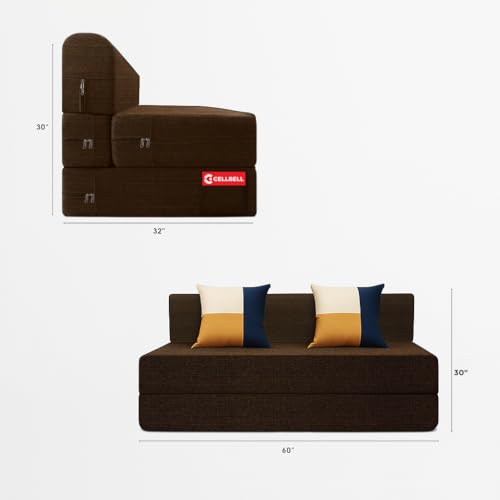Image of CELLBELL Comfy Sofa Cum Bed 5x6.5 Feet | Foldable Dual Use Couch Bed with Soft Cushions, Washable Fabric Cover & Sturdy Frame | Space Saving Modern Design for Living Room, Bedroom & Guest Use (Brown)