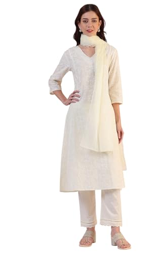 Image of W for Woman Embroidered Lace Cotton Blend Straight Kurta & Straight pant Set