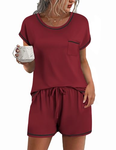 Image of Ekouaer Womens Pajama Sets 2 Piece Soft Short Sleeve Top and Shorts Sleepwear Round Neck Pjs Lounge Set with Pockets