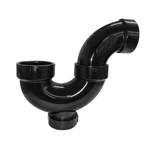 Image of Lesso 1-1 /2 Inch ABS P-Trap - HUB x HUB Connection with Union & Cleanout Plug, Black, Leak-Proof Sink Drain Trap for Kitchen /Bathroom Plumbing