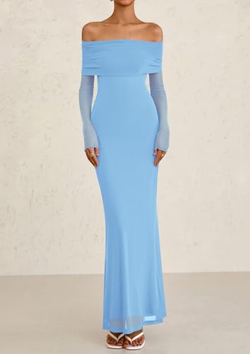 Image of PRETTYGARDEN Fall Dresses for Women 2025 Elegant Off The Shoulder Long Sleeve Formal Wedding Guest Bodycon Maxi Dress(Light Blue,Medium)