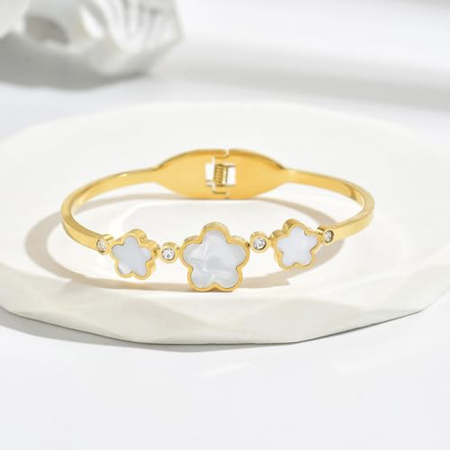 Women's Five Leaf Clover Bracelet 2.44IN Golden Mother of Pearl Three Cinquefoils Spring Bracelet No Color Loss Cuff Bracelet Jewelry4