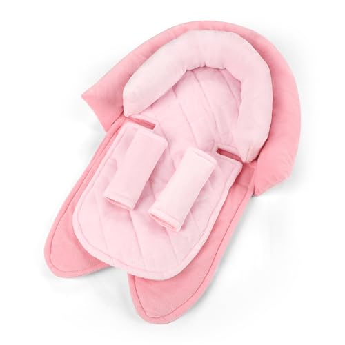 Image of Pea Pod Baby Car Seat Head Body Support & Strap Covers, 2 in 1 Infant Car Seat Insert, Reversible Soft Breathable Newborn Cushion Pads for Preemie, Perfect for Baby Carseats, Strollers, Swings (Pink)