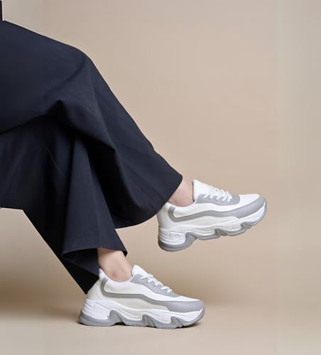 Image of JM LOOKS Women Lace-Up Sneakers Casual Shoes Monochrome Chunky Sneakers for Women & Girls