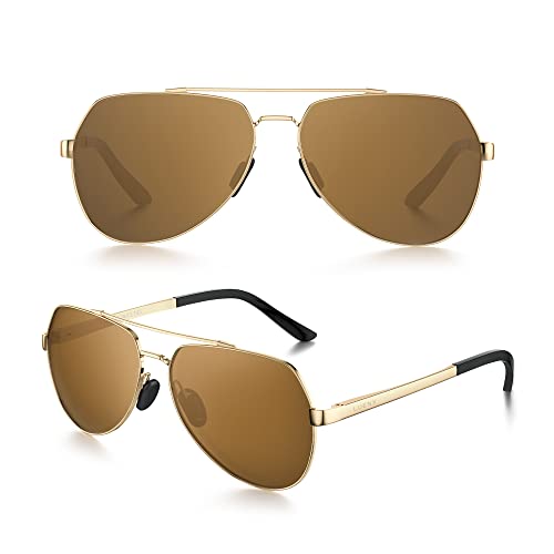 Luenx Men Women Aviator Sunglasses Polarized Shades Flexible Spring Hinge - Brown Lens Gold Metal Frame Large 60Mm #TOP1
