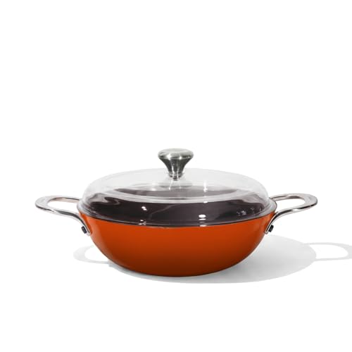 Image of CUMIN CO. Enamel Cast Iron Kadai LITE with Lid | 5.5L, 32 cm | 5 Years Warranty | Non Toxic Heavy Bottom Kadhai for Frying | Induction & Gas Compatible | Chemical Free Coating | Color: Rust