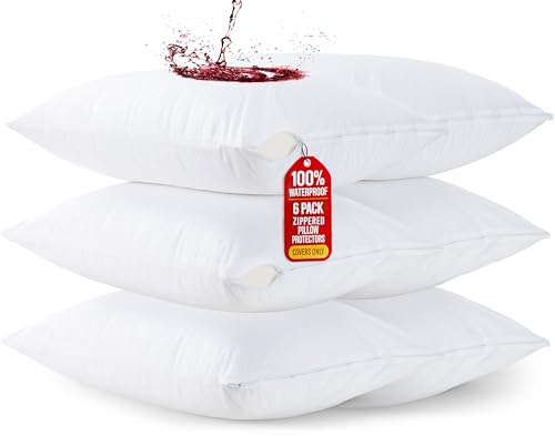 Utopia Bedding 6 Pack Waterproof Pillow Protectors with Zipper Standard Size (White), Bed Bug and Dust Mite Proof Pillow case Covers, Moisture Wicking Pillow Encasements 20 x 26 Inches
