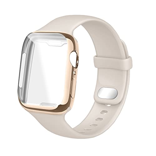 HdanMole Correa de Silicona con Protector de Pantalla Compatible con Apple Watch Strap 38/40/41mm 42/44/45mm,Correa Suave para iWatch Series 7 6 5 4 3 2 1 SE [44mm Luz de Las Estrellas]
