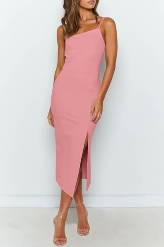 Image of OWIN Women's Adjustable Spaghetti Straps Sleeveless High Waist Split Midi Bodycon Cocktail Party Dress