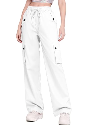 Image of Betusline Girls & Women's High Waist Wide Leg Cargo Pants Y2K Parachute Pants with Pockets and Drawstring 6 Years-Women 2XL