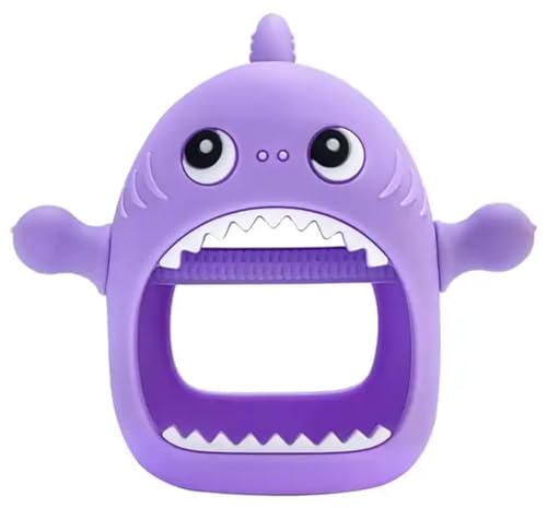 Image of Cute Shark Teething Mitten Toy for Babies, Never Drop Silicone Baby Teether, Hand Pacifier for Babies to Suck and Chew, (Purple)