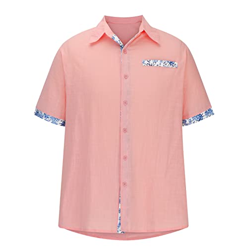 Men's Button Down Shirts Cotton Linen Short Sleeve T Shirt Casual Fashion Floral Hawaiian Patchwork Printed Top4
