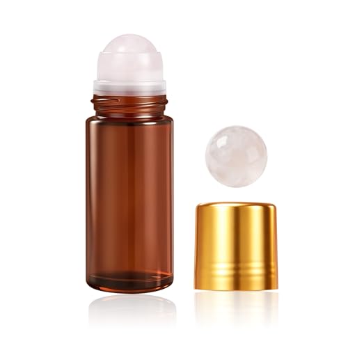 SOLUAME Rose Quartz Essential Oil Roll-On Bottle Amber Glass Rose Quartz Roller Ball Bottle 50ml Refillable Leak-Proof Roll-On Bottles Ideal for Travel and Decanting Essential Oils