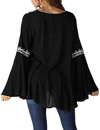 Angie Women's Embroidery Bell Sleeve Top, Black, Large #TOP1