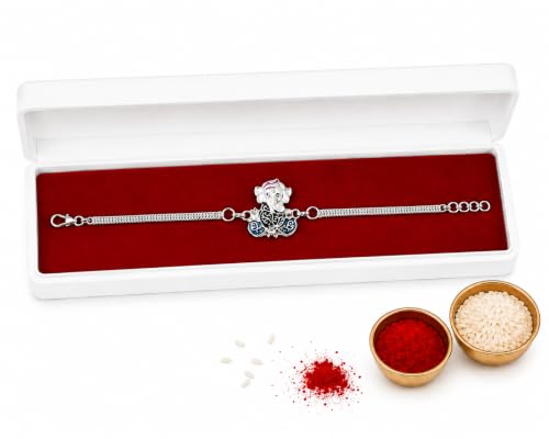 Image of Ganesha Silver Rakhi for brother /Rakhi for brother /Silver Bracelet with velvet gift box,roli,chawal for bhai,bro,bhaiya,kids /om trishul(1076)