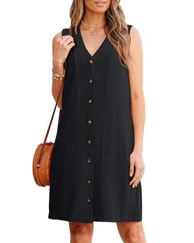 GRAPENT Womens Summer Dresses Casual Sun Beachy Dress Linen Work Sundresses for Women Sleeveless Dresses, Black, L, US Size 12 to 14