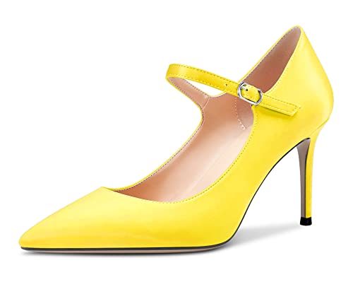 Aachcol Women Stiletto Mid High Heel Pumps Mary Jane Slip-on Pointed Toe Dress Shoes Office Party Wedding Satin 3 Inch