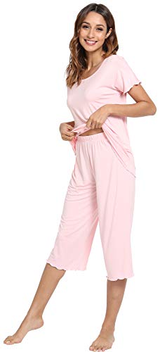 Wiwi Bamboo Pajamas For Women Soft Plus Size Pajama Sets Short Sleeve Top Capri Pants Sleepwear Pjs Loungewear S-4X, Pink, Xx-Large #TOP2
