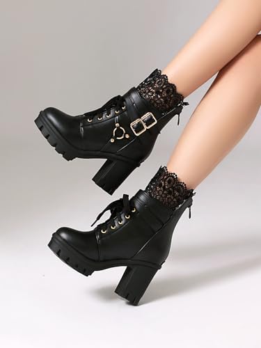 Image of BEAUPAS Women's Gothic Combat Boots Lace Up Platform Ankle Boots with Buckles Chunky High Heel