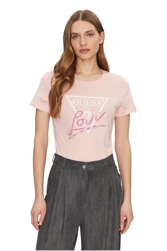 Guess Basic T-Shirt with Short Sleeves, Round Neck, with Front Logo and Love Lettering of Rhinestones and Beads, pink, XS
