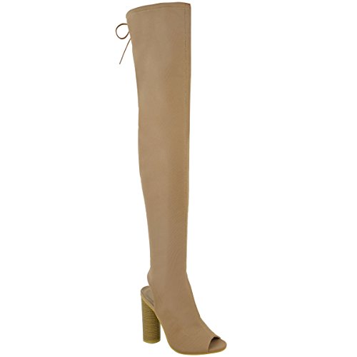 Fashion Thirsty Womens Thigh High Boots Knit Stretch Over The Knee Block Heels Peep Toe Size