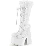DOEYG Goth Knee High Boots for Women White Fur Boots Y2k Boots Shoes White Platform Boots Punk Gothic Chunky Heels Furry Boots Winter Lace up Snowboots