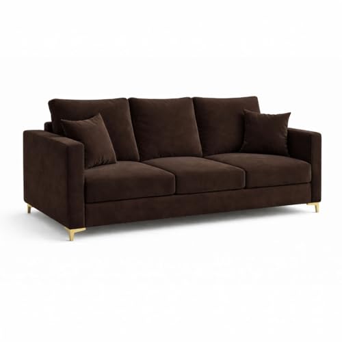 Image of Hayes Rich Velvet Suede 3 Seater Sofa | Golden Aesthetic Legs | Spacious Soft Touch Comfort Seating | Modern Sofa for Living Room (Dark Brown)