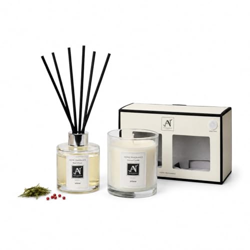 Image of Aroma Naturals Scented Gift Box Candle and Reed Diffuser, Glass Jar Minimalist Luxe 206G, Metal Lid with Ribbon, 100ML Glass Diffuser Vessel with Metal Collar (Infame)