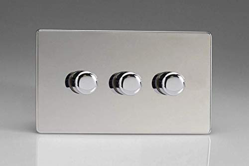 Image of Varilight 3-Gang 2-Way V-Pro Push On/Off Rotary LED Dimmer 3 x 0-120W (Twin Plate) Polished Chrome