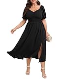 Womens Plus Size Dress Wedding Guest Cocktail Short Sleeve Stringy Selvedge V Neck Slit A Line Flowy Maxi Dresses Black