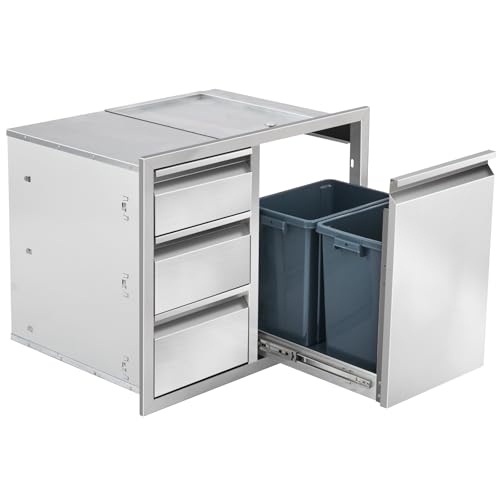 Duluciate Outdoor Kitchen Drawer Combo, Stainless Steel Triple Drawer Cabinet with Built-in Trash Bin Drawer & Two Trash Cans, 28" W x 22" H x 19.5" D Outdoor Kitchen Storage for BBQ Grill Islands