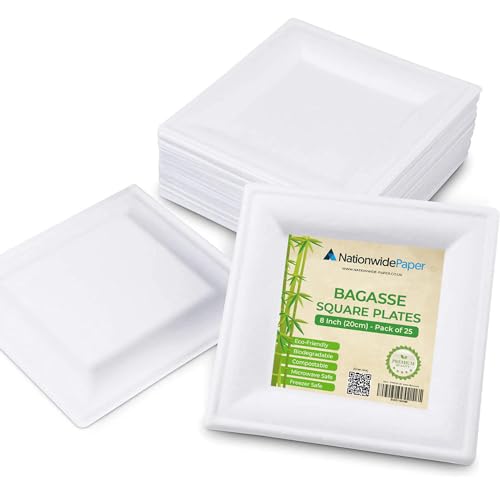 NationwidePaper 8 Inch Biodegradable Square Paper Plates, Bagasse White Disposable Plates, Strong Party Plates (25 Pcs)