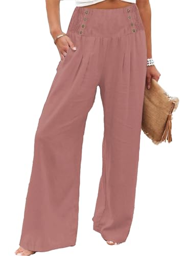 Pantalon palazzo femme coupe ample élastique taille haute long avec poche