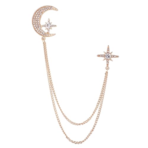 Image of Moon Star Rhinestone Brooch with Gold Tassel Brooch for Unisex
