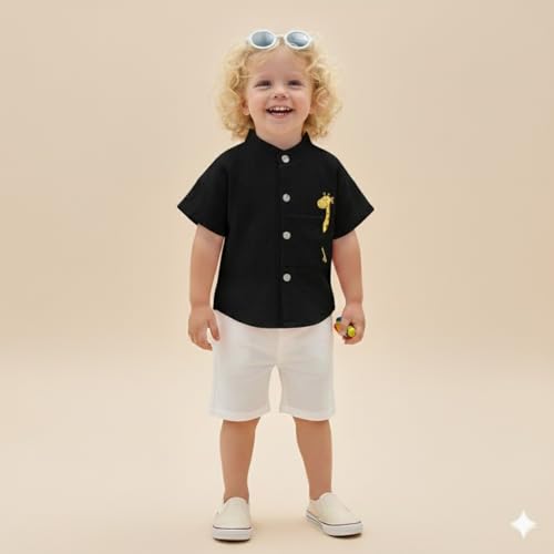 Image of A.T.U.N. (ALL THINGS UBER NICE) Baby Boys 100% Cotton Shirt | Mandarin Collar Half Sleeve Shirt with Cute Printed Design | Button Front Soft Fabric Shirt | Comfortable Stylish Top Wear for Babies