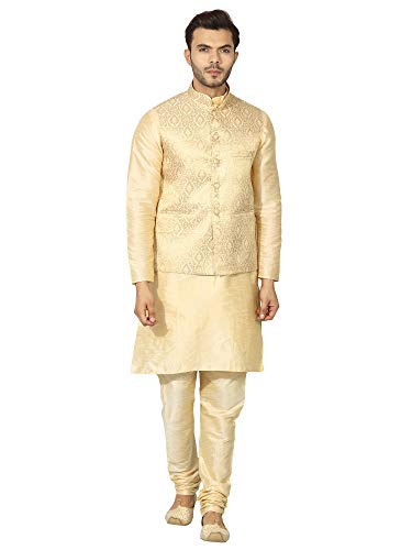 Image of Uri and MacKenzie Men's Silk Blend Regular Kurta Churidar Pyjama with Bundi Nehru Jacket /Waistcoat