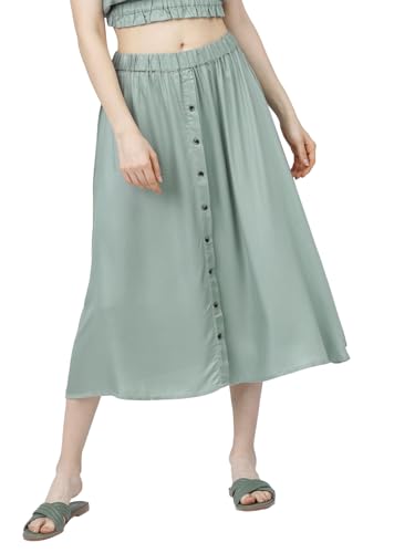 Tokyo Talkies Women Green Solid Casual-Fit A-Line Skirt