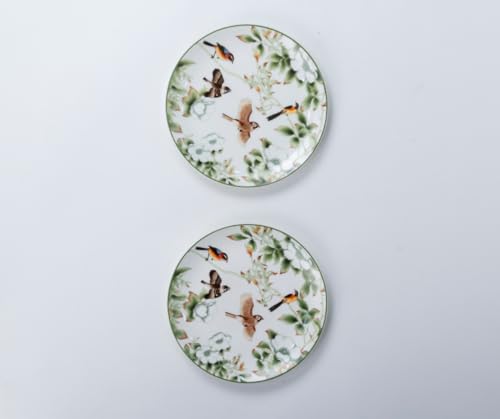 Image of GOLDEN QUEEN'S Snack Plates Set of 4 | Perfect for Snacks, Desserts, Appetizers, Salads, Tapas, Cheese | 7 inches Wide | Microwave Safe (Birds & Green Floral)