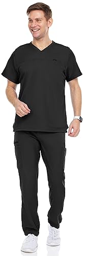 MediChic Men's Workwear Stretch V-Neck Scrub Set with Seven-Pocket Straight Scrubs Pants Set, Available in 6+ Colors