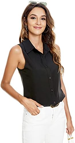 Riatobe Womens Sleeveless Button Down Shirt Blouse Office Work Casual Classic Collar Shirts Black