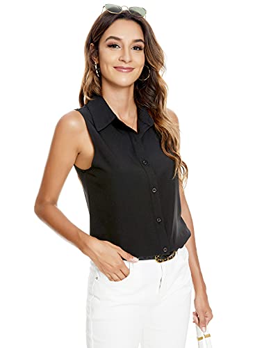 Riatobe Womens Sleeveless Button Down Shirt Blouse Office Work Casual Classic Collar Shirts Black #TOP2