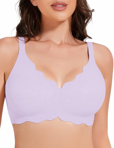 Image of MOEOZLLO Floral Wireless Bras for Women No Underwire Seamless Bralettes for Women with Support V Neck Wavy Womens Bras