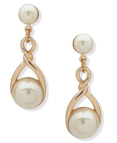 ANNE KLEIN Gold and Pearl Pierced Linear Earring featuring twisted teardrop styling