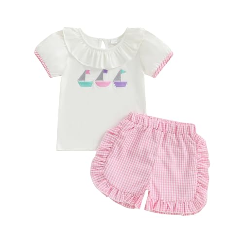 Gaono Toddler Baby Girl Sailboat Outfit Short Sleeves T-Shirt and Plaid Ruffles Shorts Set 2 Piece Summer Clothes (White, 3-4T)