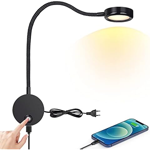 ERWEY Leselampe Wandmontage, LED Bettleuchte Wandleuchte mit Touch Button Einstellbar Licht 3000-6000K, 4W Bettlampe 360° Flexible Schwanenhals Lampe mit USB-Ladeanschluss, Schwarz Cover