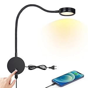 ERWEY Lampe de Lecture Murale, Lampe de Chevet LED Chambre Applique avec Bouton Tactile Lumière Réglable 3000K-6000K, 3W 360° Lampe Col de Cygne Flexible avec Port de Charge USB, noir