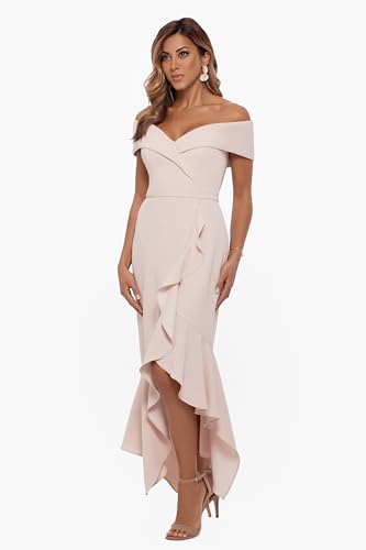 Image of Xscape Women's Sweetheart Neckline Off-Shoulder Crepe Midi Dress with Hanky Hem, Blossom, 14