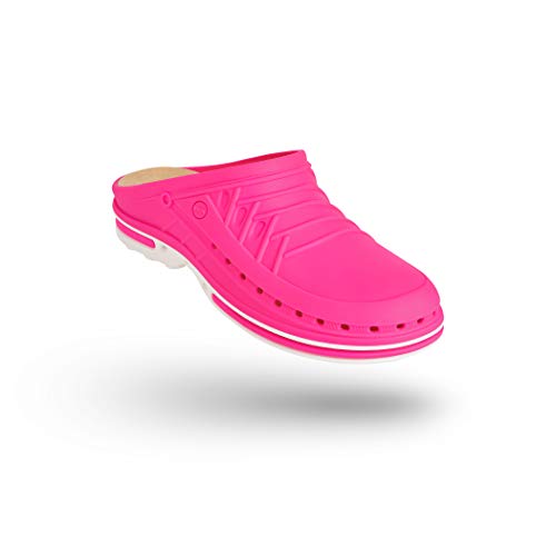 WOCK Clog sin Tira y con Plantilla, Zueco Sanitario de Trabajo Blanco/Fucsia Mujer e Hombre - Esterilizable, Rango de tamaño de 35-48