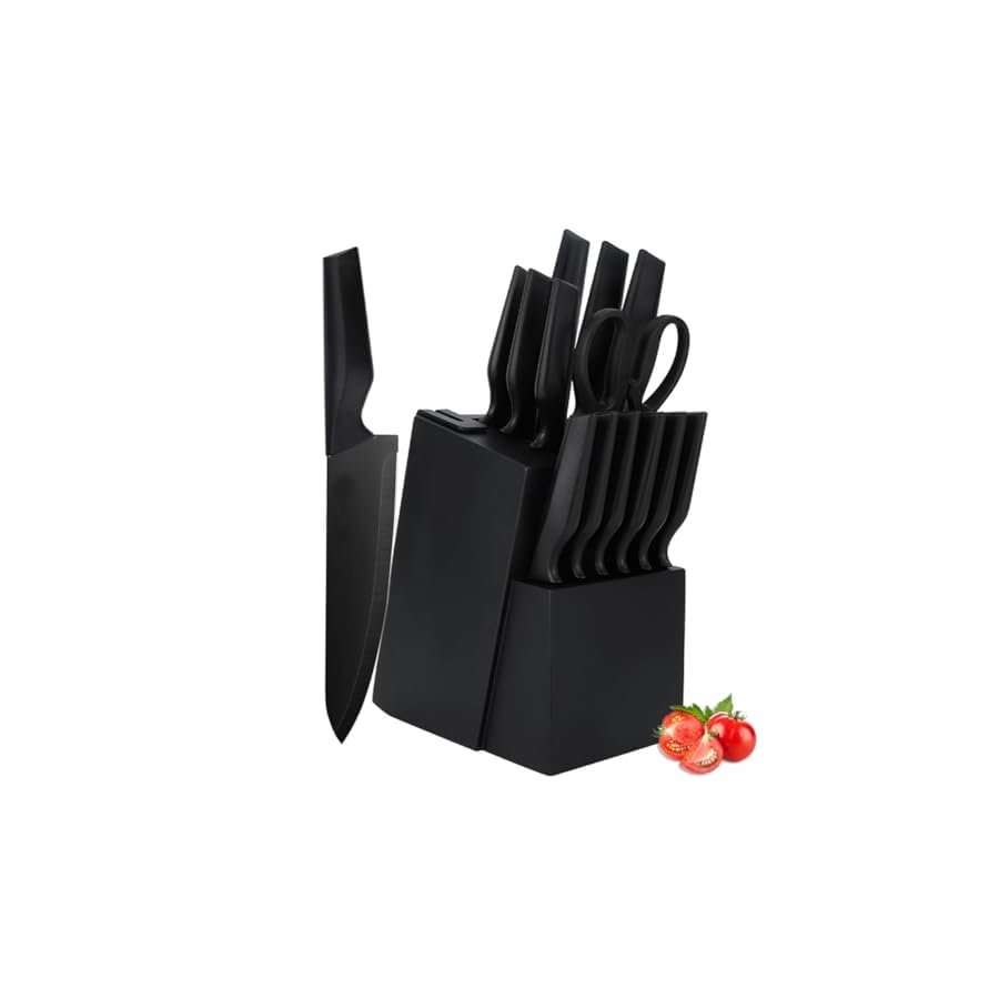 Knife Set, 14 Pieces Kitchen Knife Set with Built-in Sharpener Block, Self Sharpening Knives Sets, Stainless Steel Knife Block Set, Black